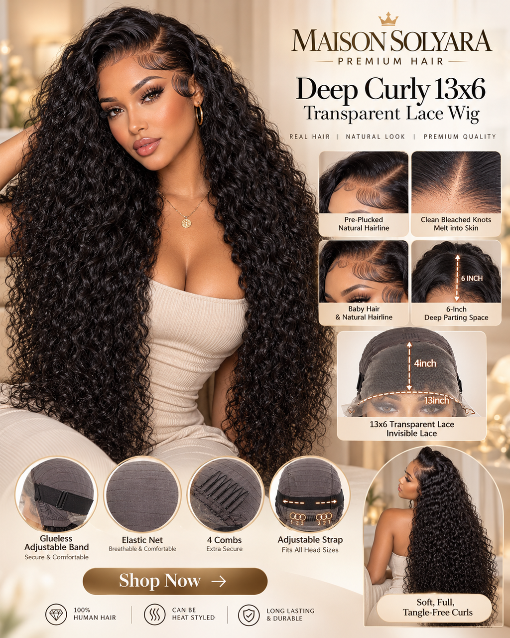 Deep Curly 13x6 transparent lace wig features and glueless cap details
